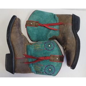 SMOKY MOUNTAIN Brown &‎ Aqua Blue Leather Embroidered Dreamcatcher Boots Sz. 2.5